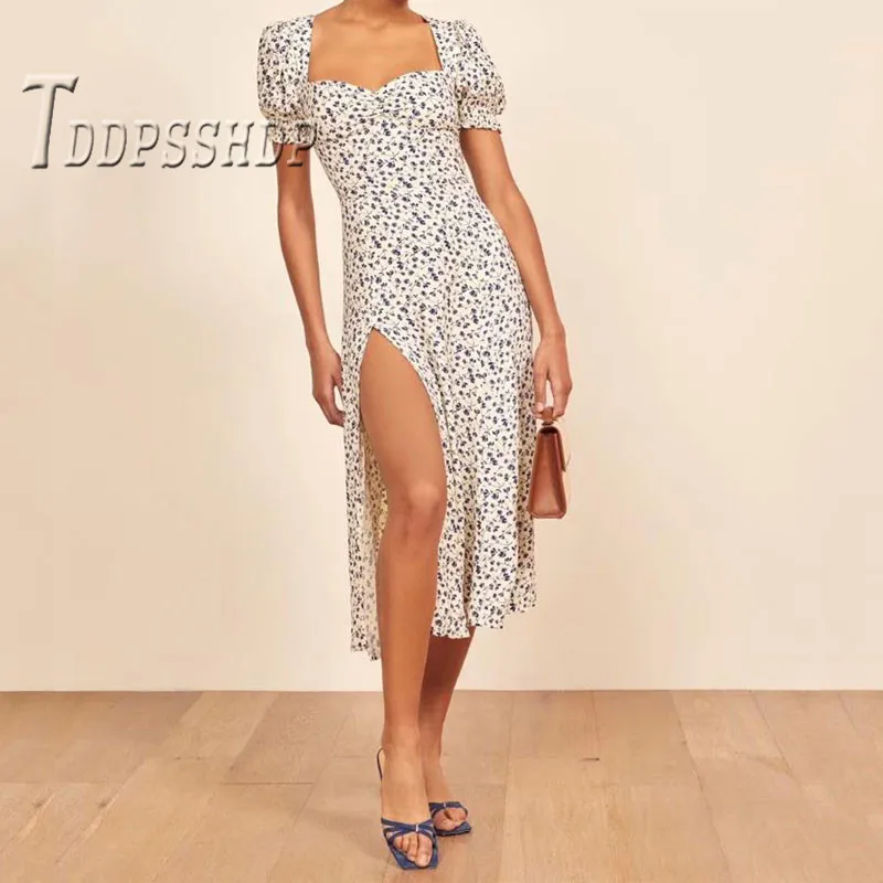 

French Retro Puff Sleeve Women Dress Floral Print Slit Female Dresses