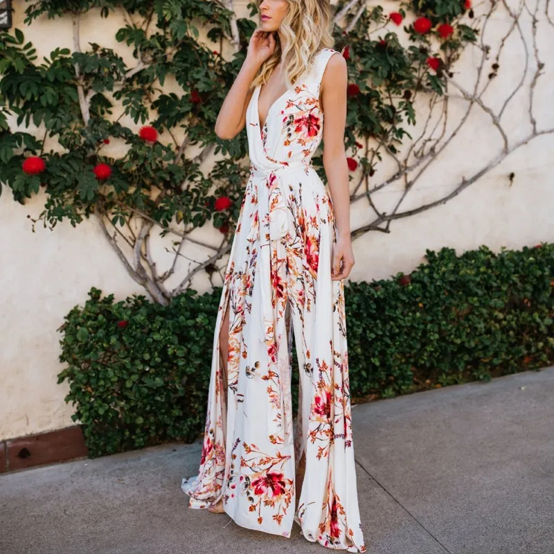 DeRuiLaDy Boho Floral Print Vintage Long Dress Sexy V Neck Dleeveless Women Maxi Dresses Summer Split Beach Party Dress Vestidos