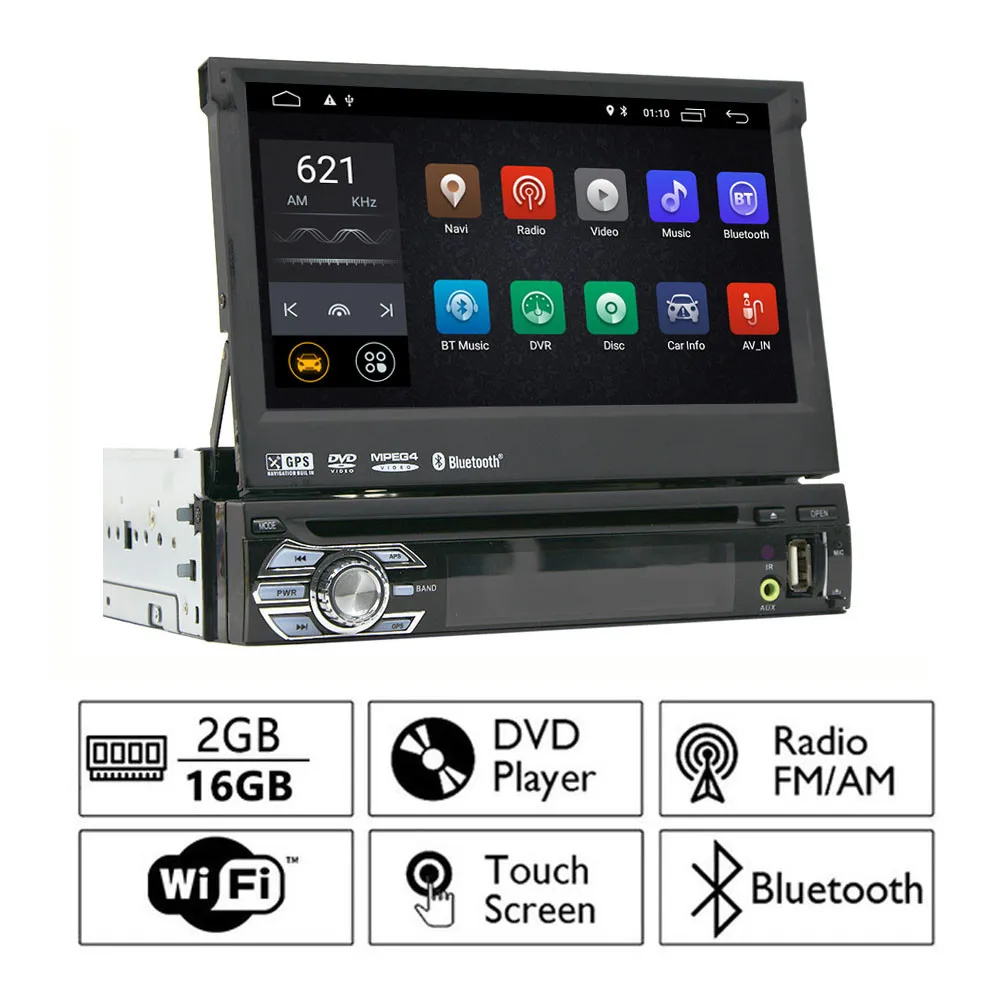 Выдвижной 7 дюймовый 1din автомобильный мультимедийный плеер Android 9 1 радио DVD GPS