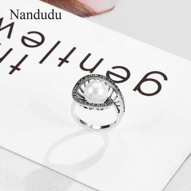Nandudu новый дизайн полые круглые кольца с жемчугом Ретро черный марказит камень