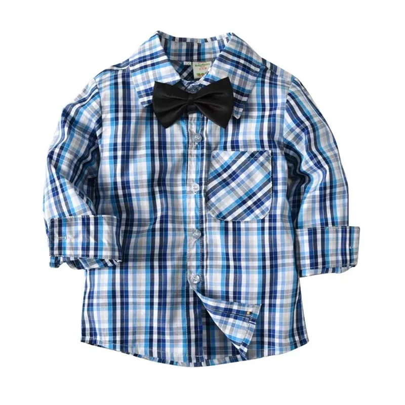 

Hot Sale Kids Boys Shirt Cotton 2018 Fashion Bowknot Boys Plaid Shirts Long Sleeve England School Trend Children Clothes