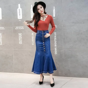 

Spring summer women's new single-breasted high-waist bag hip denim skirt fishtail skirt plus Pencil size skirt Vintage Bodycon