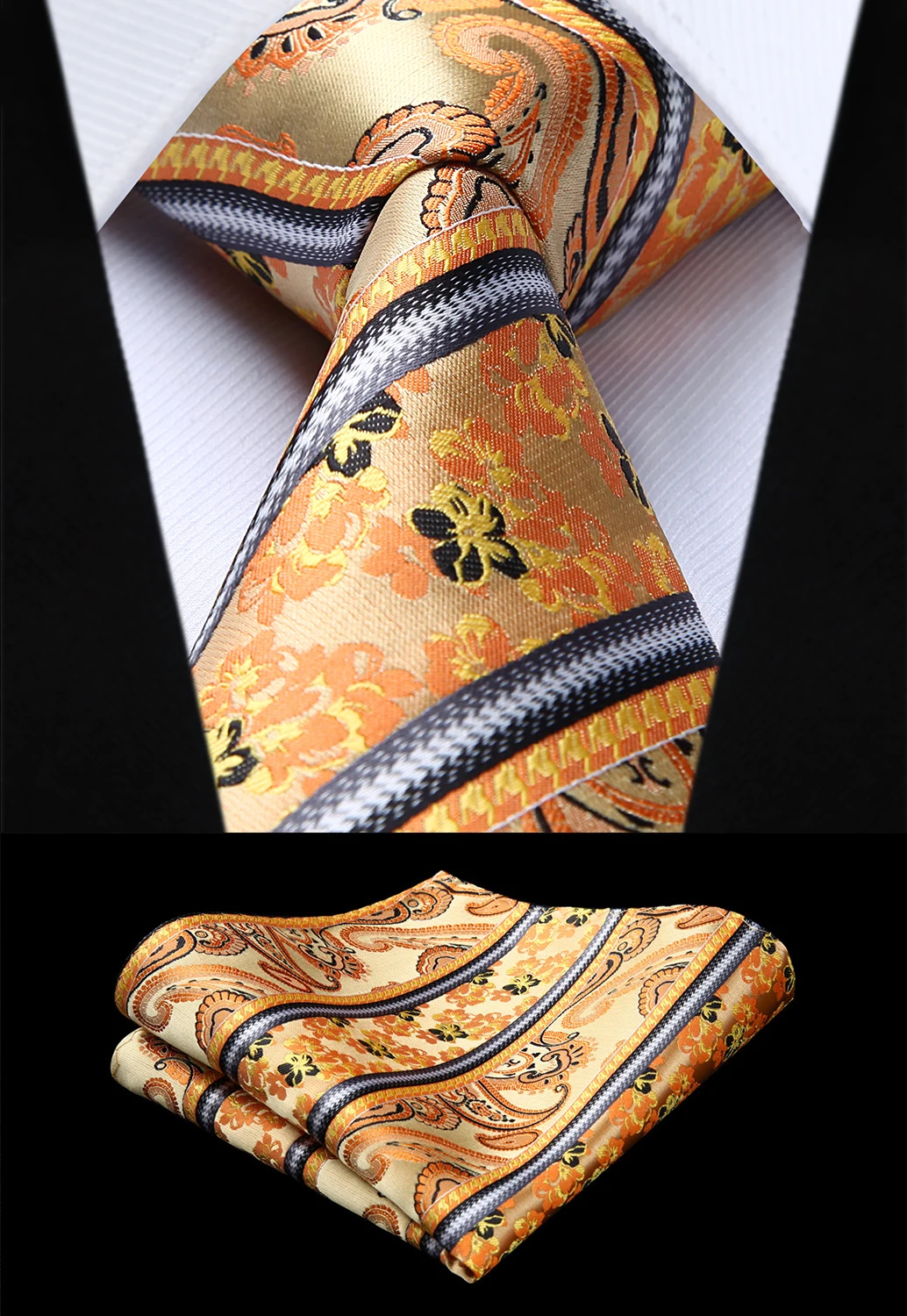 Woven Men Orange Tie Floral Necktie Handkerchief SetTF813N8S Party