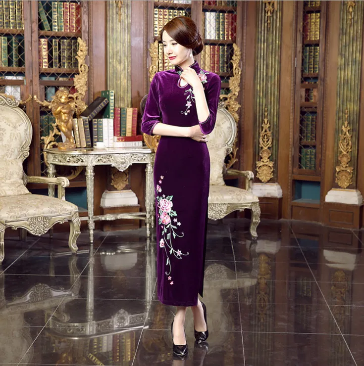 Китайский Для женщин велюр ручной работы катушки Clasper воротник-стойка вышивать цветок Длинные чонг-sam платье Размеры s m l xl XXL 3XL 4XLT0019