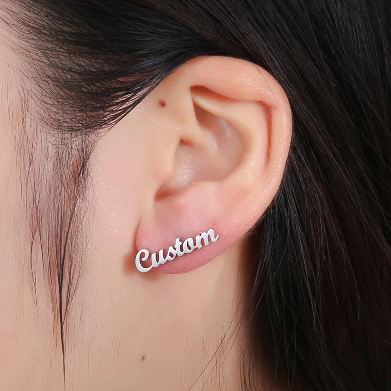 

Personalized Custom Name Earrings For Women Jewelry Customize Initial Cursive Nameplate Stud Earring Gift Best Friend
