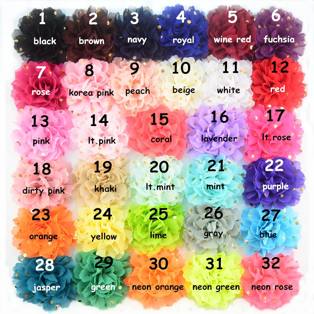 

2017 Spring New 32 Colors 10cm Pretty Chiffon Fabric Flower With Gold Dot Flat Back For Baby Girls Headband DIY Hair Accessories