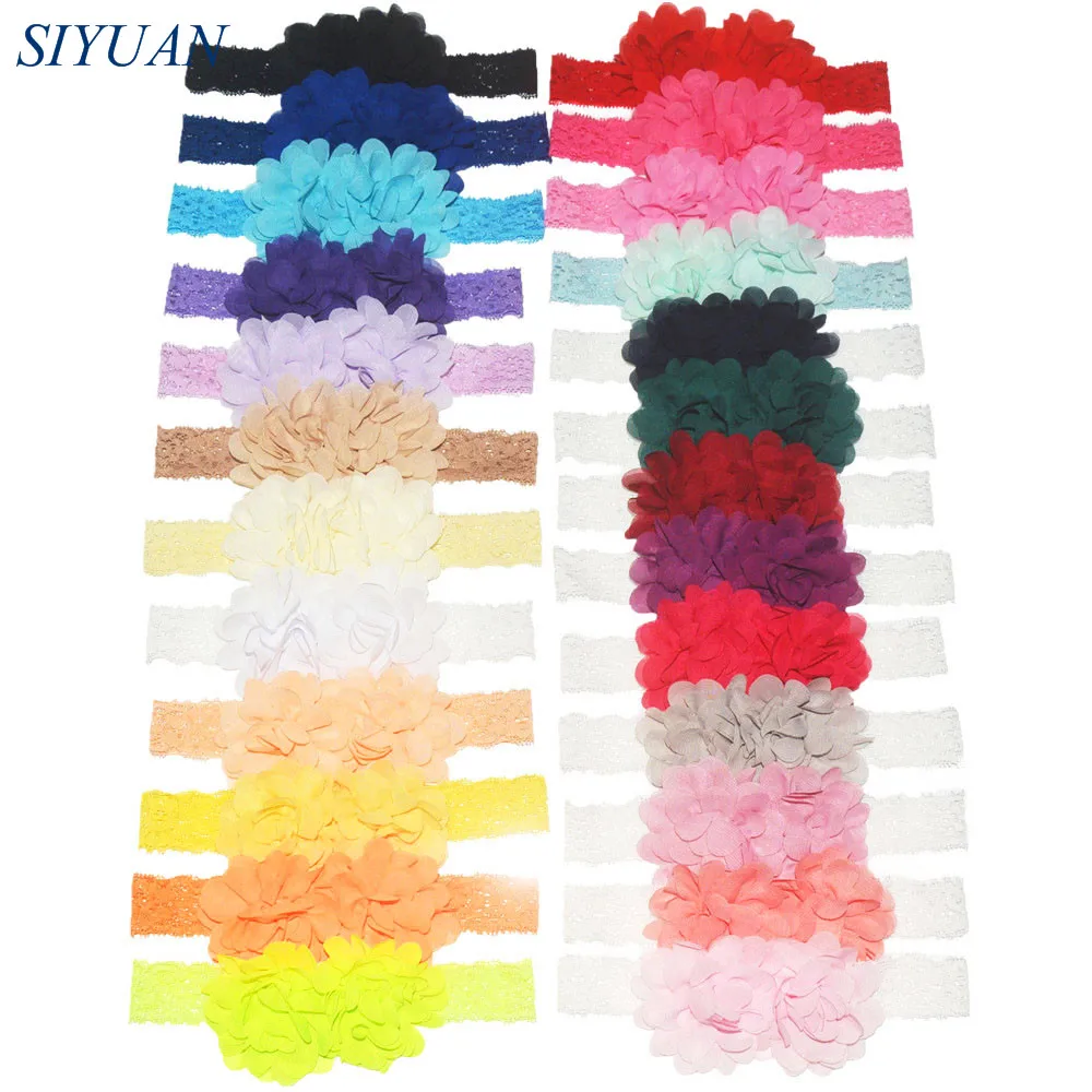

25pcs/lot Elastic Lace Hairband with Double Chiffon Flowers Handmade Baptism Shower Headwear 25 Solid Color for Choose FD255