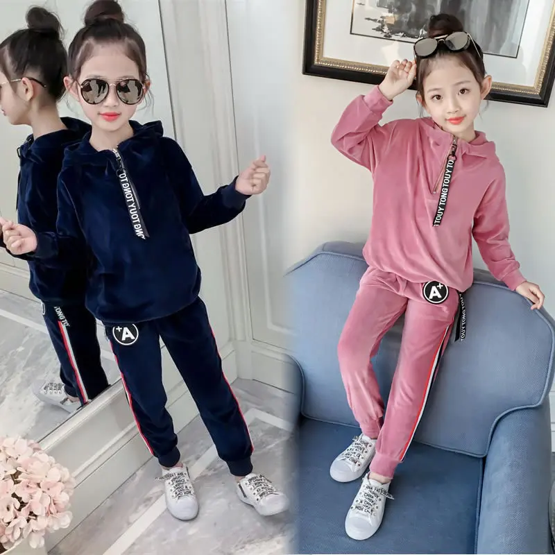 

Little Girls Gold Velvet Sport Suit 2018 Spring Fall Kids Casual Sweatshirt Coat + Pants 2 Pcs Children's Tracksuit Clothes G541