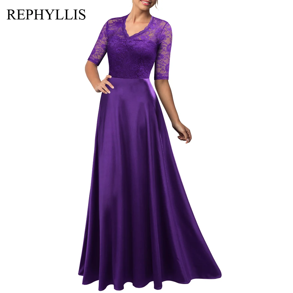 

REPHYLLIS Women Lace 1/2 Sleeve V Neck Back See through Vestidos Wedding Evening Gown Party Ceremony Banquet Long Formal Dress