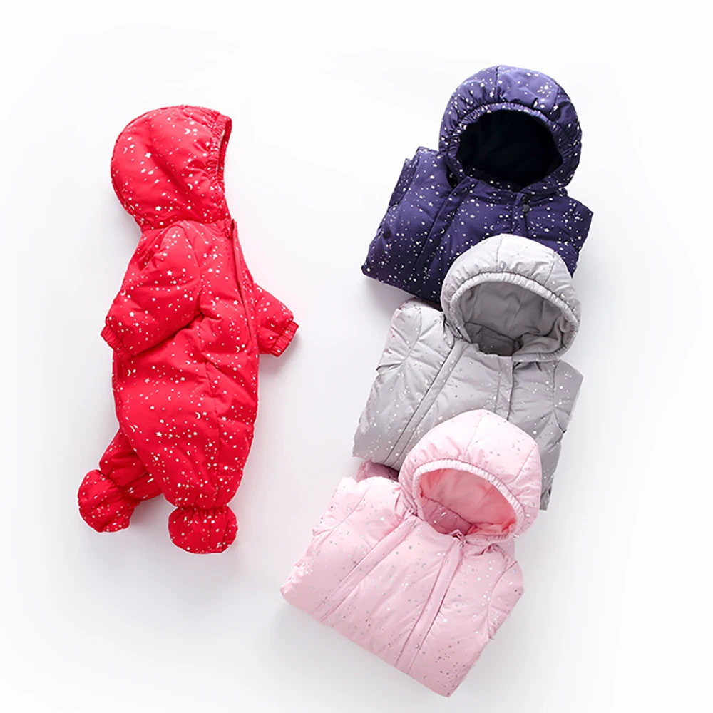 

XYF1820 Winter Baby Boy Girl 0-2 Years Newborn Warm Down Rompers Snowsuit Child Print Thicken Hooded Jumpsuit Down Jacket Coat