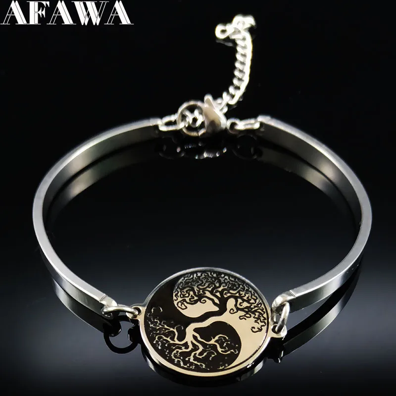 

2019 Fashion Black Silver Color Stainless Steel Bracelets Bangles for Women Tree of Life Cuff Bracelets Jewelry bijoux B18341
