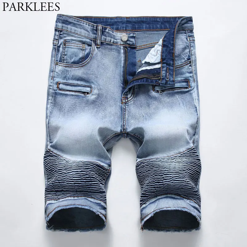 Мужские байкерские джинсовые шорты брендовые потертые хлопковые узкие джинсовые шорты Homme повседневные плиссированные джинсы бермуды с несколькими карманами высокого качества