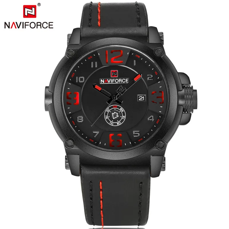 Новая мода Для мужчин S Часы naviforce militray Спорт кварцевые Для мужчин часы кожа Водонепроницаемый мужской Наручные часы Relogio Masculino - Цвет: black red
