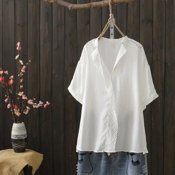 

KYQIAO white blouses woman 2020 Middle-aged woman summer Japanese style boho short sleeve hollow white solid blouse tops