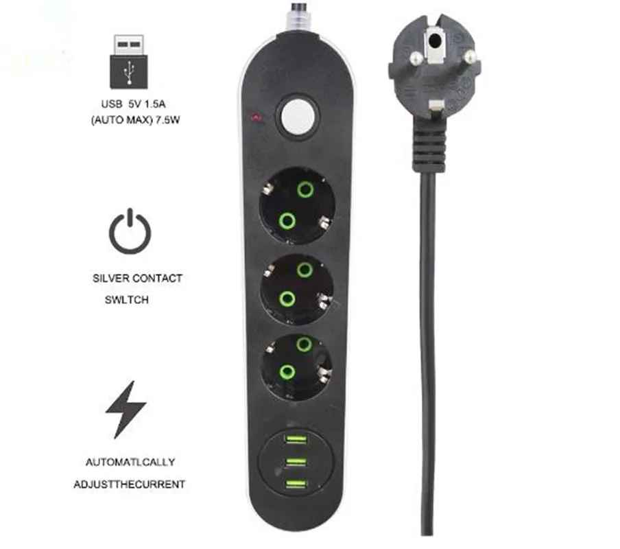 Европейская стандартная розетка преобразователя питания с 3 Разъемы USB |