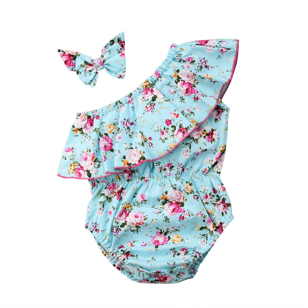 Одежда для новорожденных девочек; Боди без рукавов с рюшами и цветочным принтом; повязка на голову с бантом; комплект из 2 предметов; хлопковая детская одежда