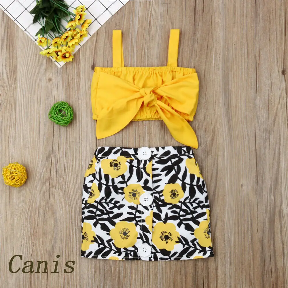 

Sweet Kids Baby Girls Clothes Set Yellow Sleeveless Bow Vest Tops Floral Button Skirt 2Pcs Outfits Sunsuit 6M-4Y