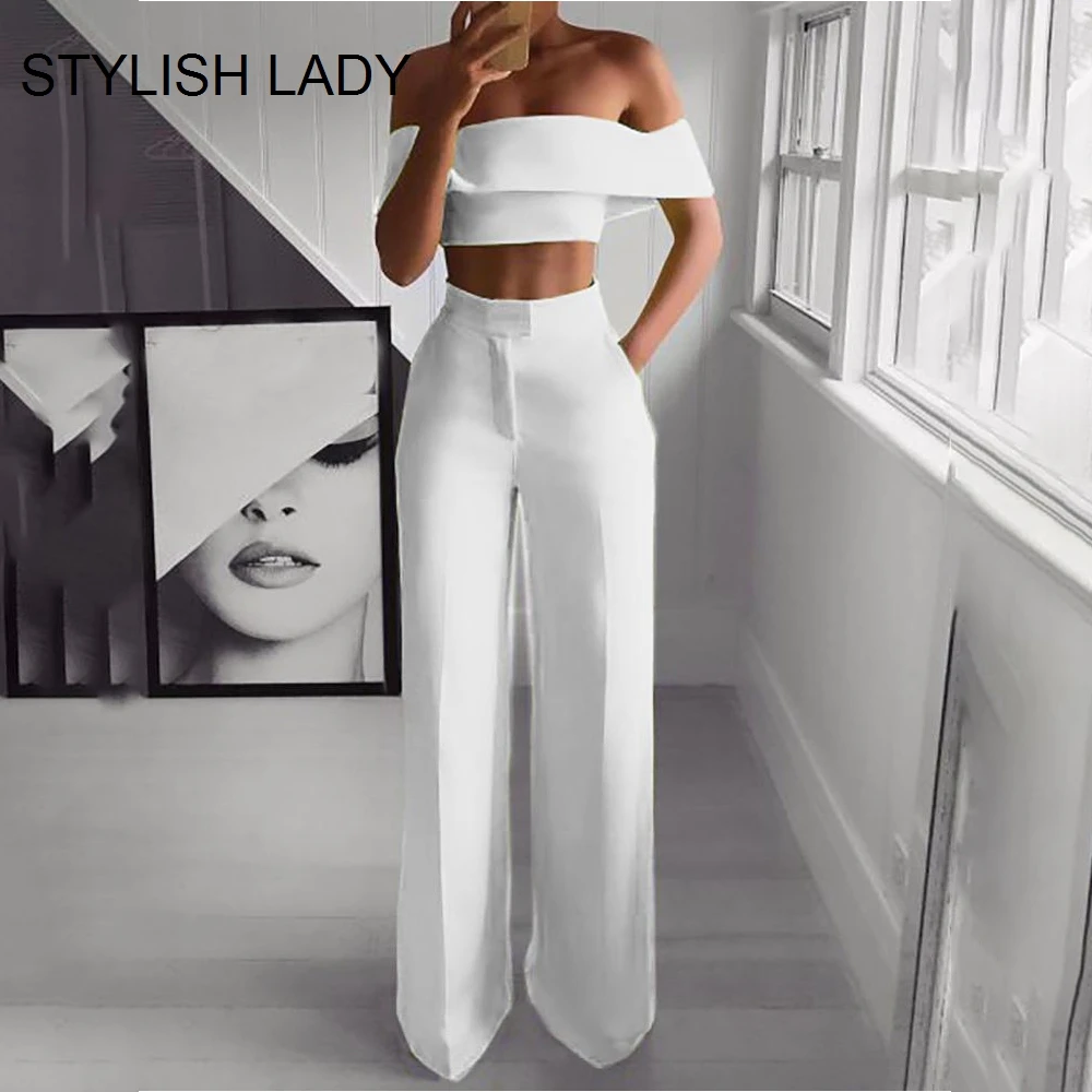 

STYLISH Lady Neon Green 2 Piece Set Women Solid Off the Shoulder Crop Top and Wide Leg Pants 2019 Sexy Summer Two Piece Outfits
