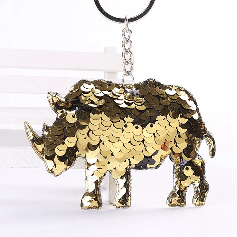 

Sequin Animal Cow Rhinoceros Keychain Glitter Keyring Bags Pendant Charms Decoration Car Key Ring Phone Accessories Kids Gifts
