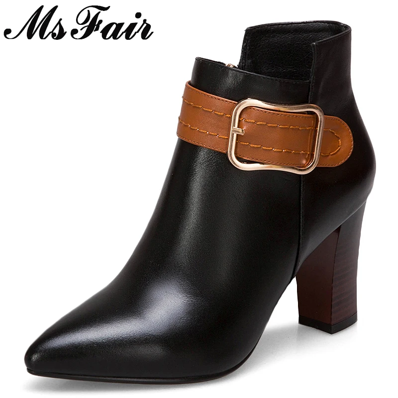 

MsFair Pointed Toe High Heel Women Boots Genuine Leather Sexy Ankle Boots Women Shoes Elegant Fashion Buckle Boots Shoes Woman
