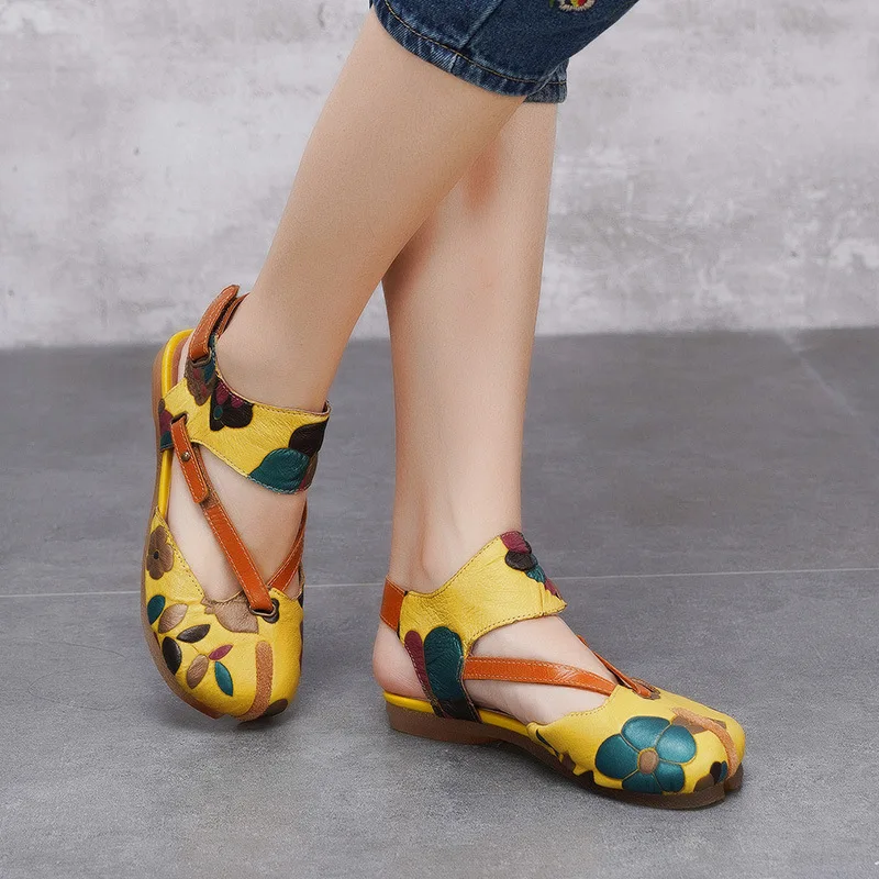 

women 2019 summer genuine leather flat low heels shoes female handmade printting flower sandals 1198-18
