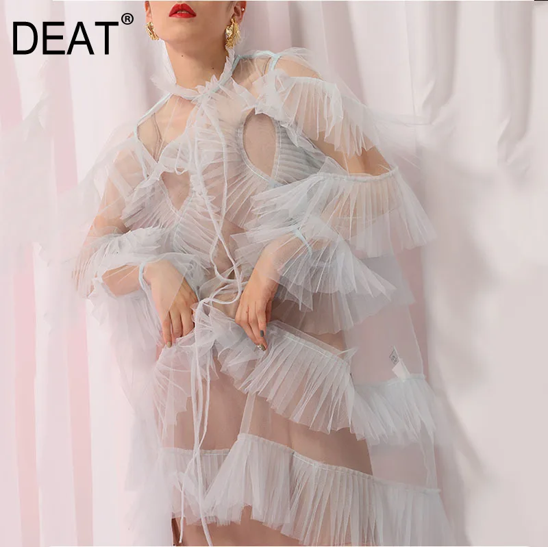 

DEAT 2019 new spring and summer fashion women clothes ruffles patchwork see through sexy mid-claf dress vacation vestido JG624