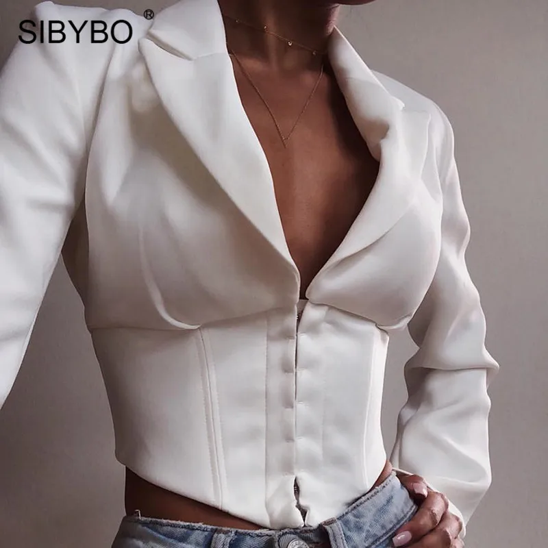 Sibybo, глубокий v-образный вырез, однобортный сексуальный женский топ, модный длинный рукав, тонкая Осенняя футболка, Женская белая уличная одежда, укороченный Топ для женщин