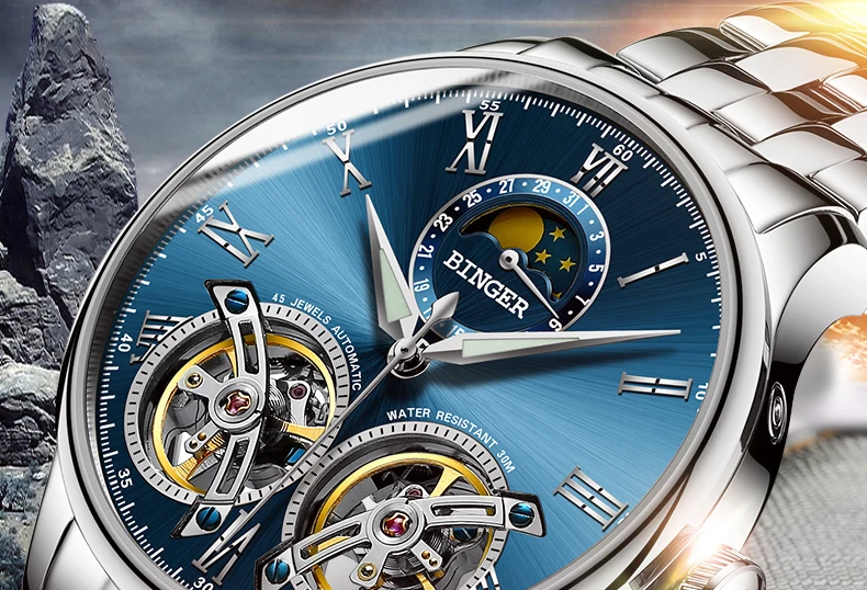 Двойной Tourbillon, швейцарские мужские часы, BINGER, оригинальные автоматические часы, мужские Модные механические наручные часы, кожаные часы