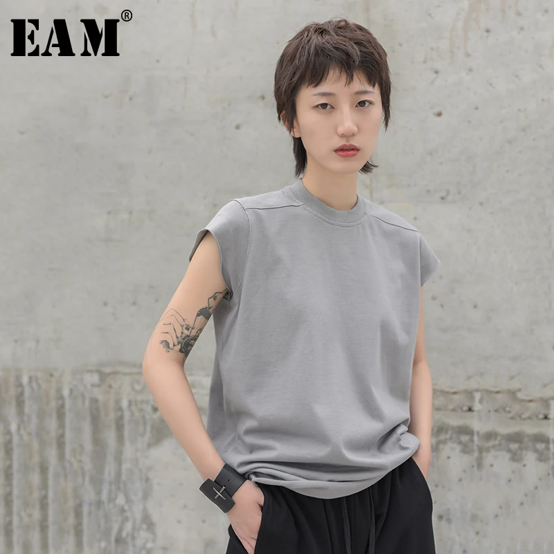 

[EAM] 2019 New Spring Summer Round Neck Short Sleeve Leisure Gray Brief Burr Split Joint Loose T-shirt Women Fashion Tide JW524