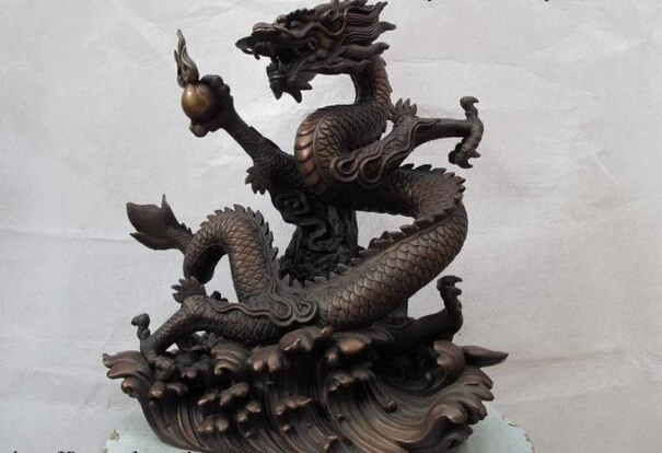 

Fast shipping USPS to USA S0868 Chinese Red Bronze copper Feng Shui Lucky wheel Fly Hold Bead Dragon Art Statue