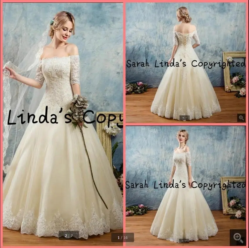 

New arrival a line white lace appliques beaded wedding dress off the shoulder half sleeve sexy bride dress Vestido De Novia