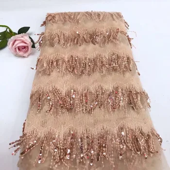 

African 3D Sequins Lace Fabric 2019 High Quality Gold Line Lace French Sequence Tulle Lace Nigerian Lace Fabrics For Wedding