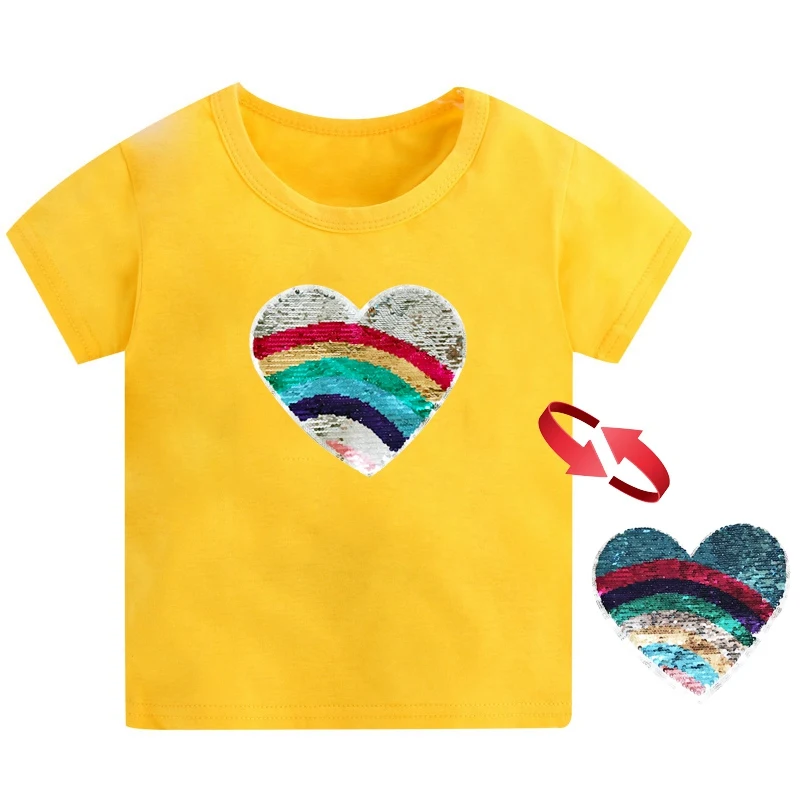Летние футболки для девочек, разноцветные топы с блестками и короткими рукавами для девочек, футболка для девочек 3-12 лет, детская одежда, футболка
