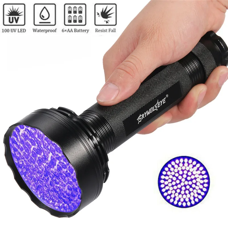 100 LED UV Ultra Flashlight Violet Torch Led Light Blacklight Light 395nM Inspection Lamp Torch 6xAA Battery Zaklamp 40MAY603
