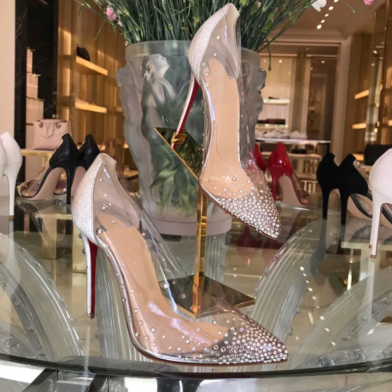 2018 New plexi clear PVC crystal covered high heels Stiletto heels celebs styles pointed toe dress party shoes woman luxury