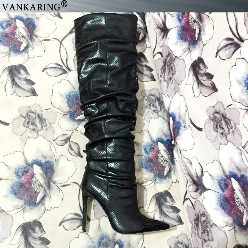 Бренд vankaring/женские Сапоги выше колена из микрофибры и змеиной кожи; пикантные ковбойские сапоги с острым носком; женские модельные танцевальные сапоги