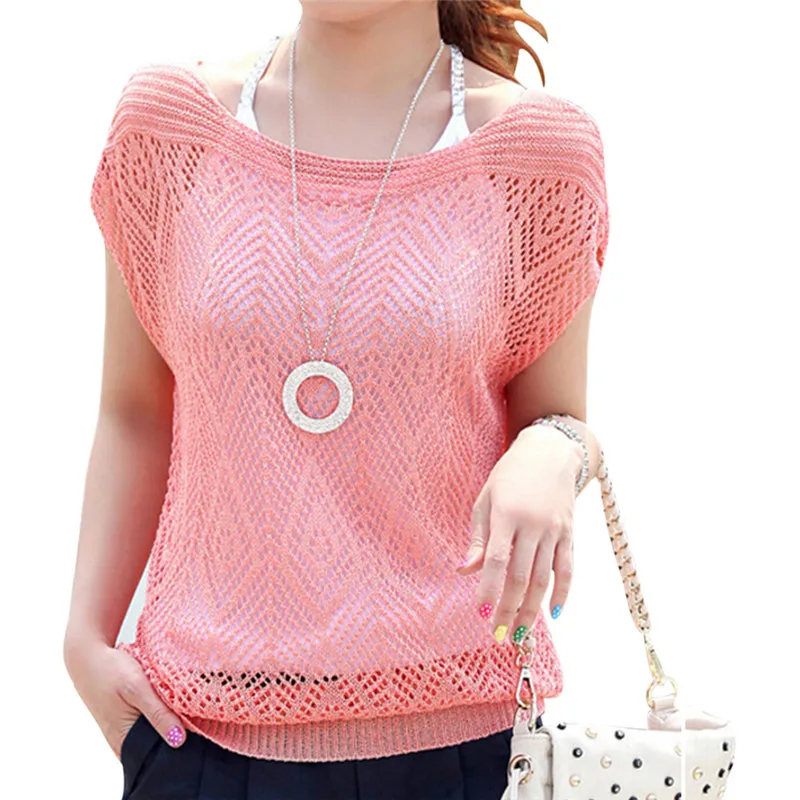FASHION Women Summer Loose Hollow Out Short Batwing Sleeve Knit Tops Tee Shirt Women Blouses
