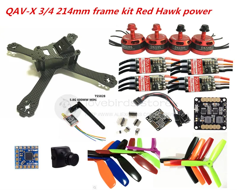 

DIY FPV mini drone QAV-X 214mm pure carbon frame kit Red hawk DX2205+Red Hawk BL20A ESC OPTO + NAZE32 Rev6 10DOF + 700TVL camera