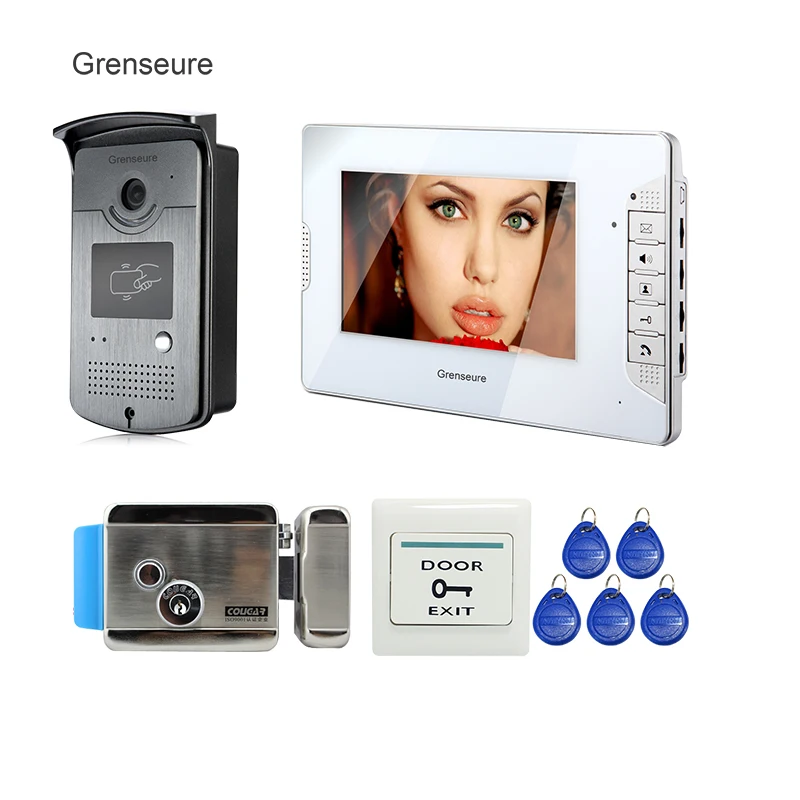 

FREE SHIPPING 7" TFT Video Intercom Door Phone System + 1 White Monitor + 1 RFID Reader Camera + Electric Control Lock In Stock