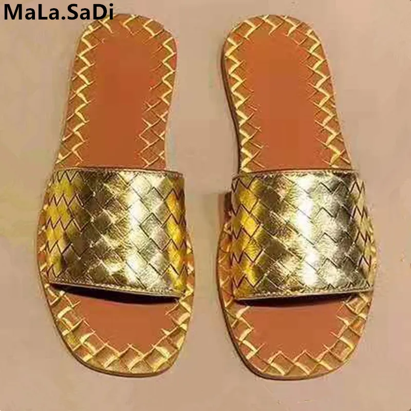 Fashion Woman Weave Slipper Black Gold Silver Cool Summer Women Beach Flat Slides Casual Slippers Sexy Open Toe Ladies Shoes