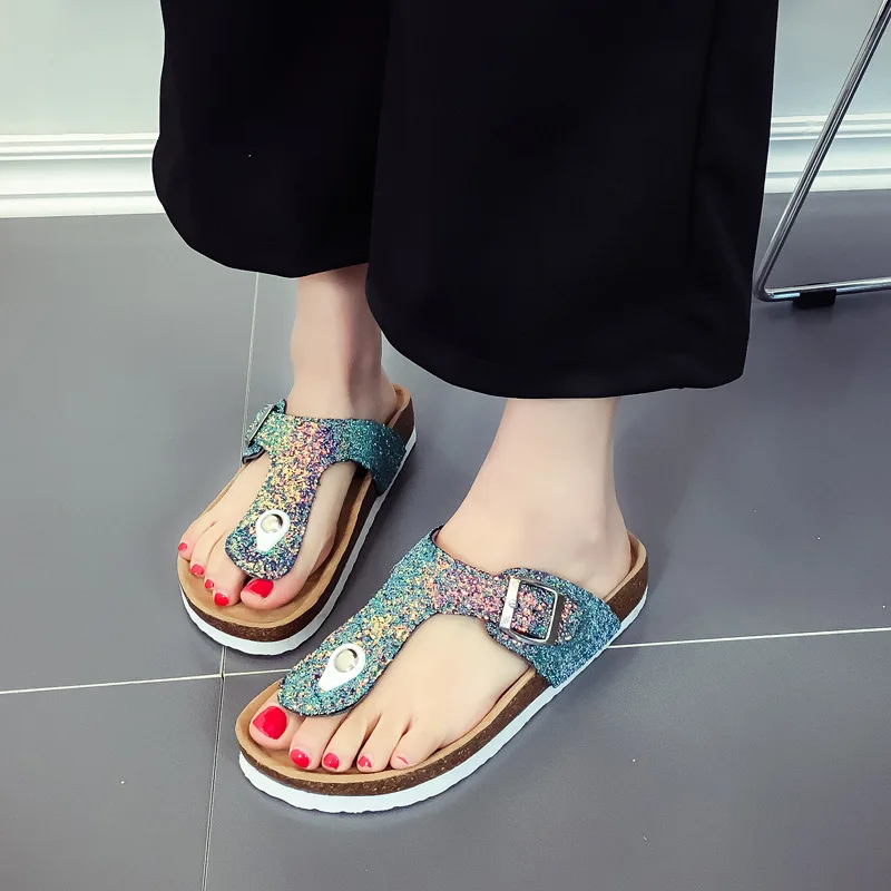 

new cork bling flipflops women buckle strap decorate beach slides ladies anti-skid outdoor slippers soft cork shoes plus size