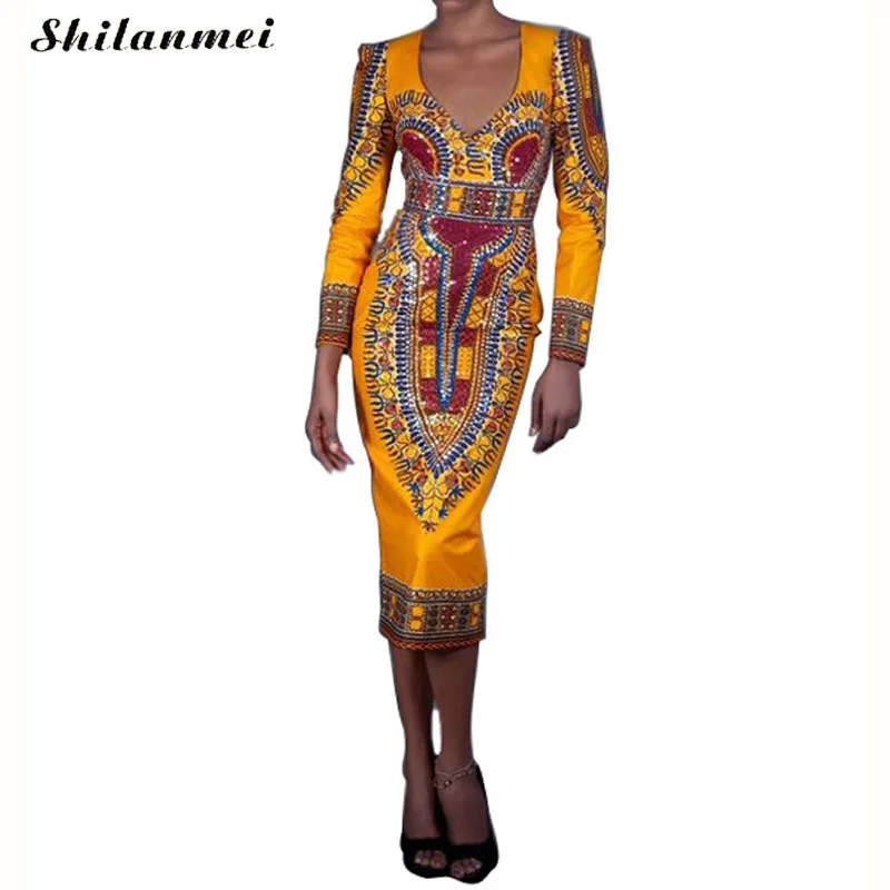 Buy Cheap yellow dress Tropical Print women femme 2017 summer spring long sleeve cut out backless dashki african midi casual robe vestidos