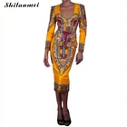 Cheap yellow dress Tropical Print women femme 2017 summer spring long sleeve cut out backless dashki african midi casual robe vestidos