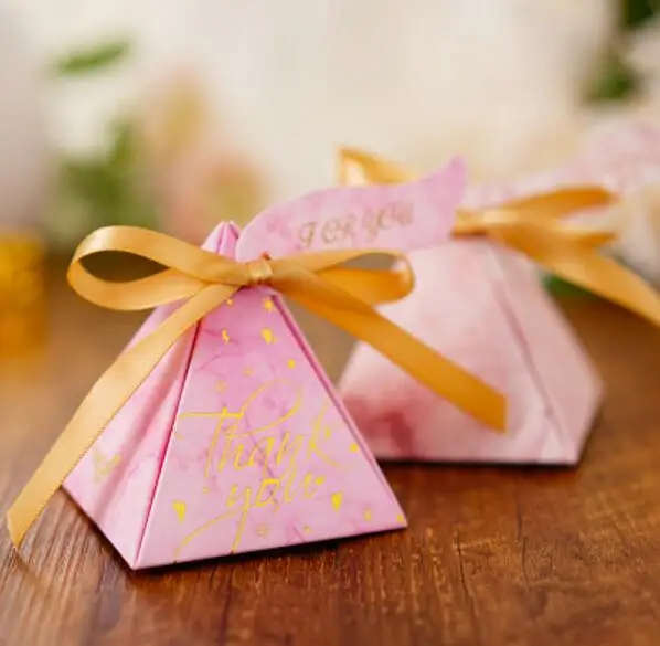 50 шт. розовый/белый мрамор треугольная пирамида свадебный сувенир коробка для сладостей вечерние поставки спасибо шоколадный подарок коробка из под конфеты - Цвет: pink gold