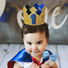 Шляпа для мальчика голубого и золотого цвета на первый день рождения, блестящая золотая розовая корона для принцессы, номер 1, От 2 до 3 лет вечерние украшения для детского душа, повязка на голову