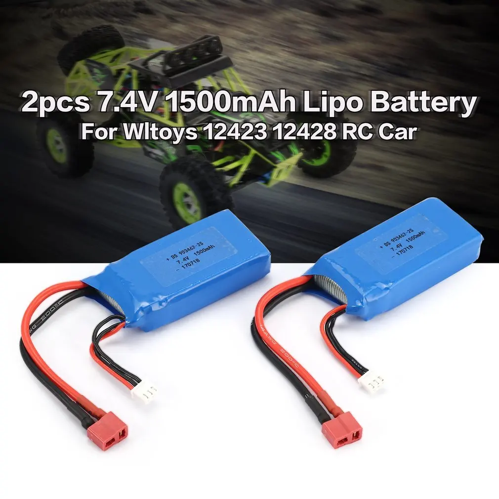 2 шт. 7,4 В 1500 мАч 25C 2 S Lipo батарея T Plug перезаряжаемые для Wltoys 12423 12428 радиоуправляемые машины самолеты Дрон вертолет модель