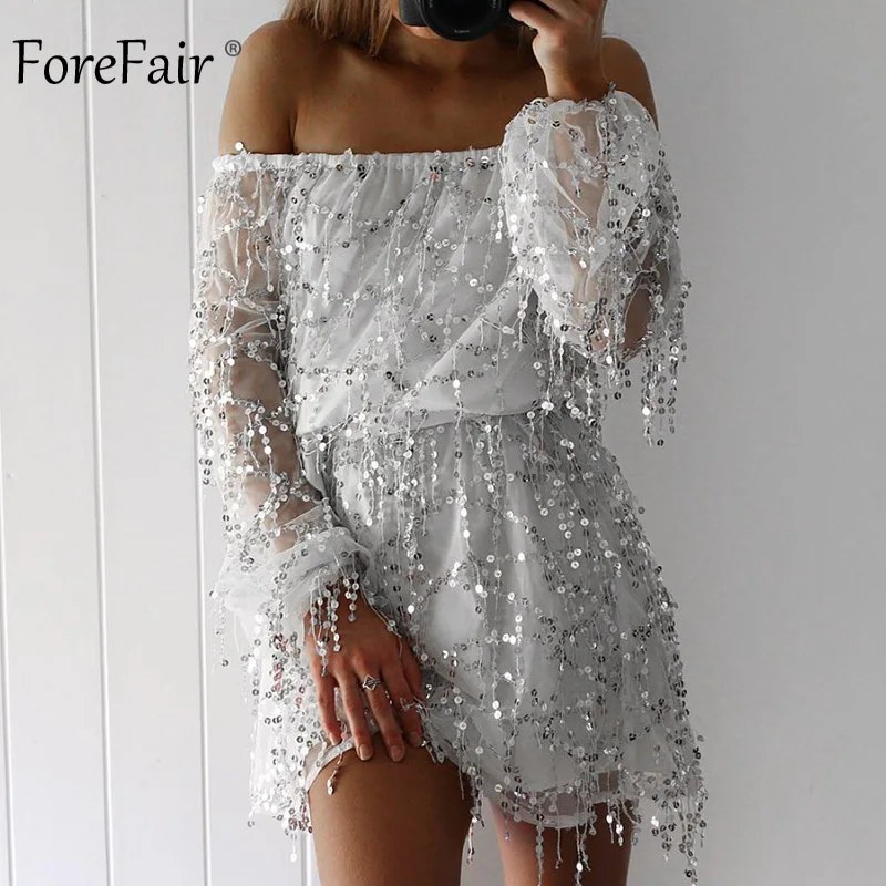 

Forefair Off Shoulder Sexy Sequined Great Gatsby Dress Women Autumn 2018 Female Tassels Slash Neck Party Club Winter Dress