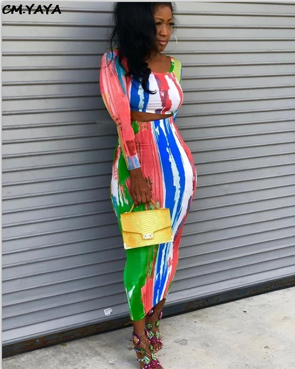 

2019 women tie dyed print o-neck long sleeve top tee maxi midi skirts suit 2pcs set beach bodycon dress tracksuit outfit DF0622