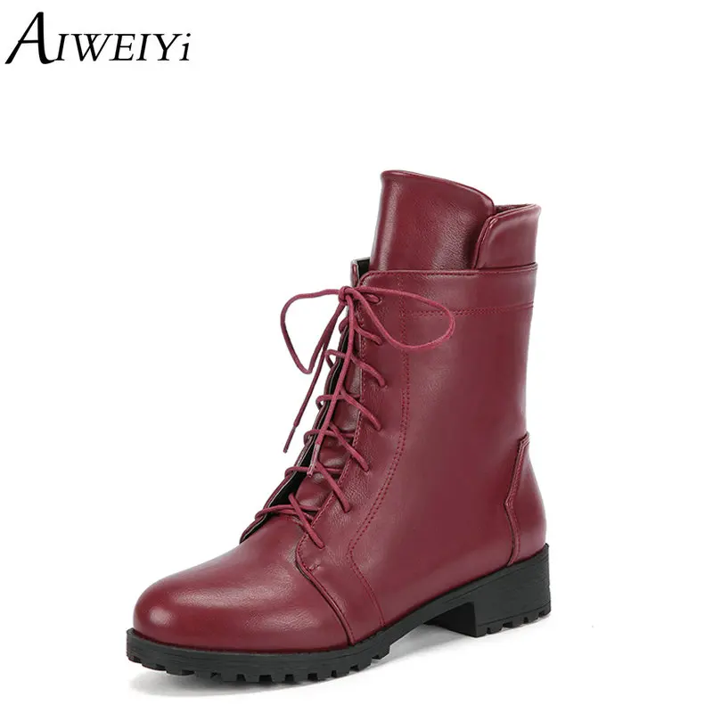 

AIWEIYi Mid Calf Boots for Women Square Low Heels Lace Up Women Motorcycle Boots Red Black Booties Female Autumn Winter Boots