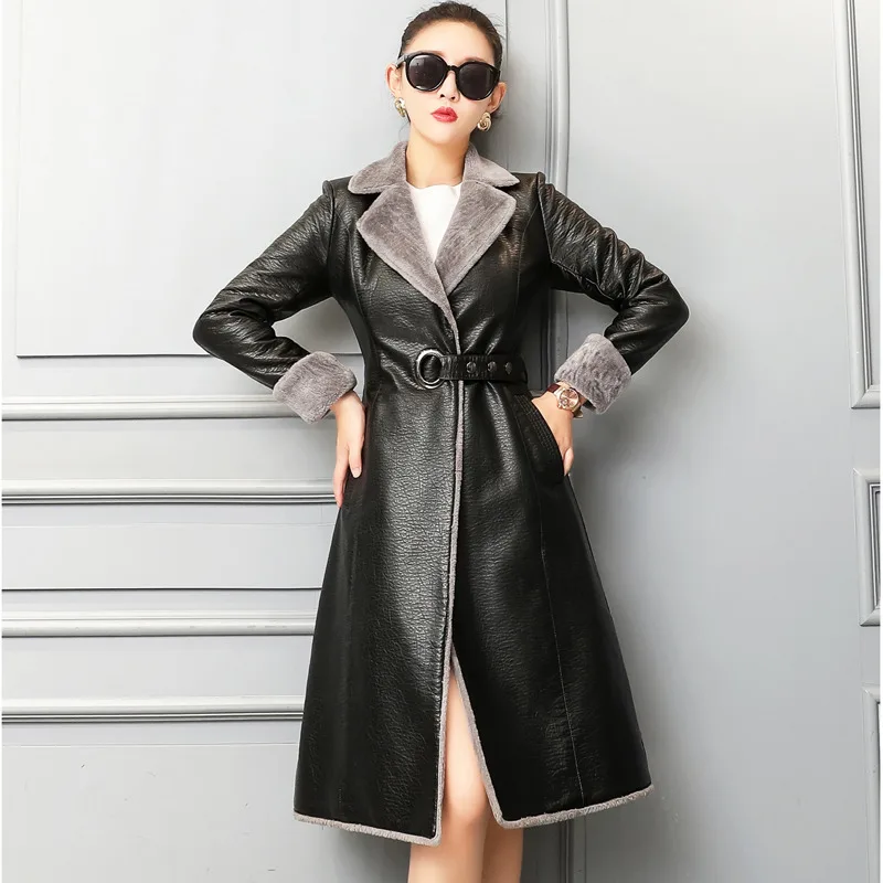 Мода, женская зимняя кожаная куртка, тонкие меховые пальто, длинный осенний Тренч с капюшоном, пальто размера плюс 5XL, толстые кожаные куртки - Цвет: Черный
